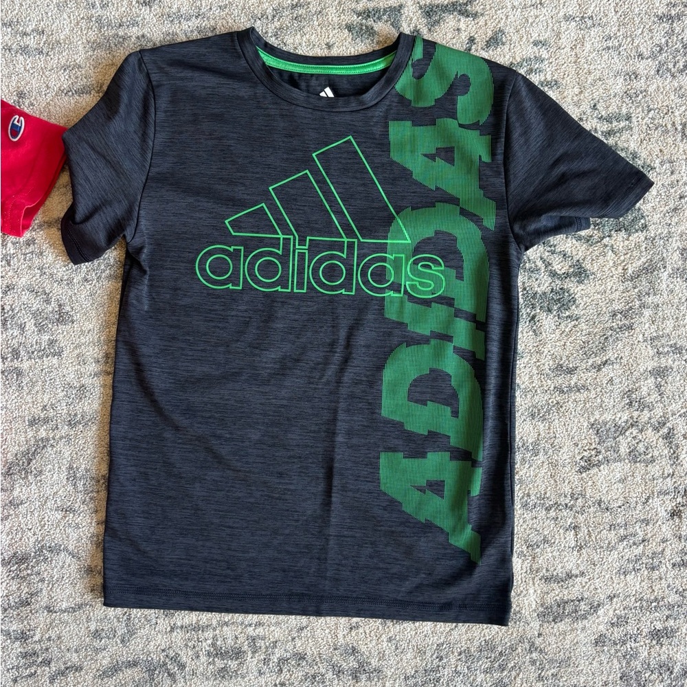 Adidas Kids' Charcoal and Green Logo Tee
